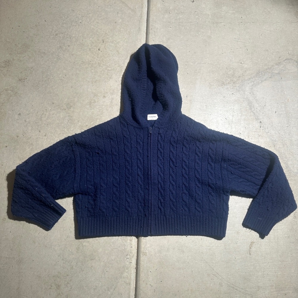 Sunday‎ Best Aritzia Full Zip Cable Knit Hooded Sweater Womens Large Navy Blue